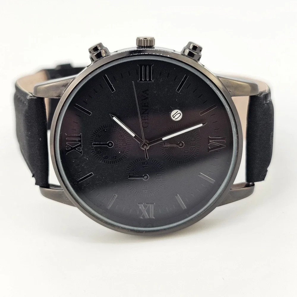Men's Analog Watch 41MM Black Dial Date Black Faux‎ Leather Bands New Battery